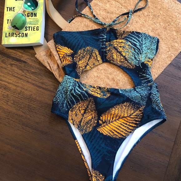 Other - Women’s Green And Golden Leaves Print Halter Swim